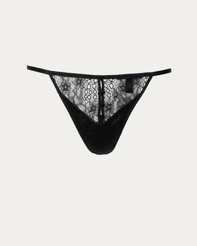 Front of a size L La Reve Thong in Black in Black by KIKI DE MONTPARNESSE. | dia_product_style_image_id:334392